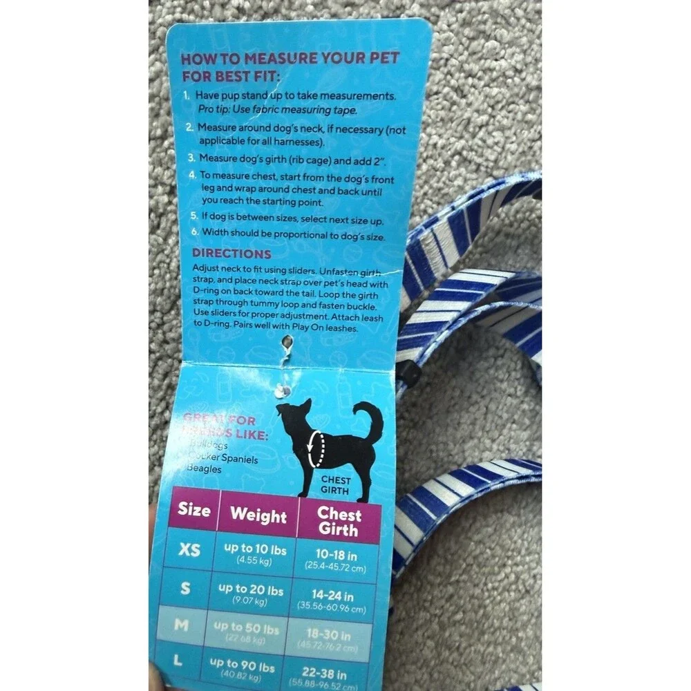 Play On Dog Harness Adjustable Blue & White Stripes Medium Breed Up To 50lbs